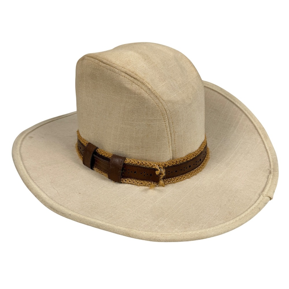 Mens Natural Raffia Straw Cowboy Hat Wide Brim Leather Band Made USA Large